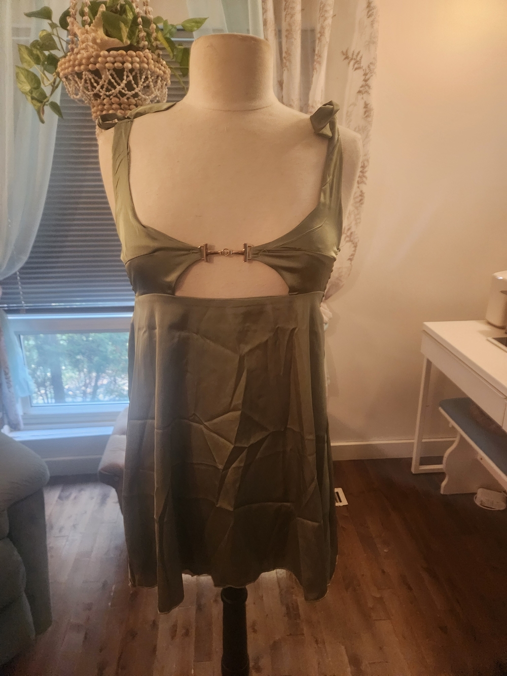 Source Unknown Olive Green Tie-Shoulder Cutout Mini Dress